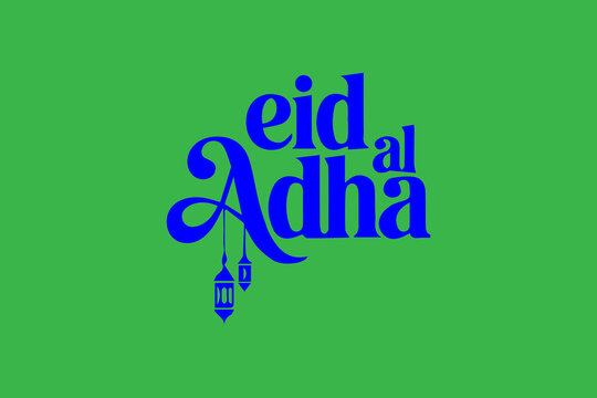 Blue eid al adha text with lanterns on green background