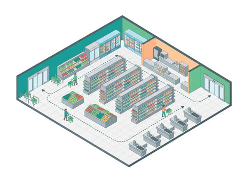 Isometric Flat Vector Single Floor Supermarket Cutaway view Illustration