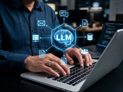 Large language model llm technology concept with artificial intelligence neural network icons language artificial intelligence technology software computing hologram processing automation