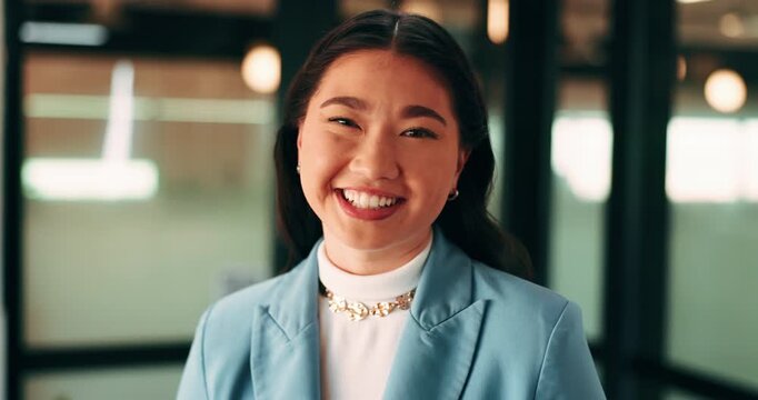 Professional, happy and face of businesswoman in office with confidence for finance career. Smile, job opportunity and portrait of Asian female financial manager with pride for about us at workplace.