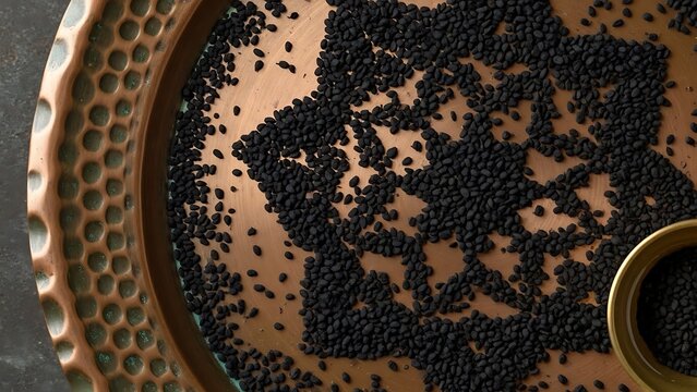 Black Cumin (Kalonji, Nigella Sativa) Seeds Arranged in a Decorative Star Pattern on a Rustic Hammered Copper Tray with a Small Brass Bowl, Top View