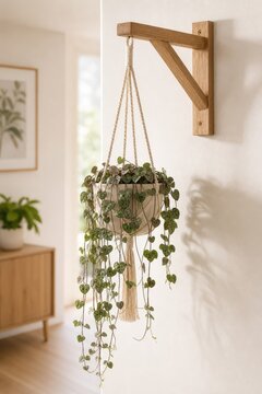 Modern hanging string of hearts plant in white ceramic macrame-style pot suspended from rustic wooden wall bracket in bright minimalist indoor living space with natural light
