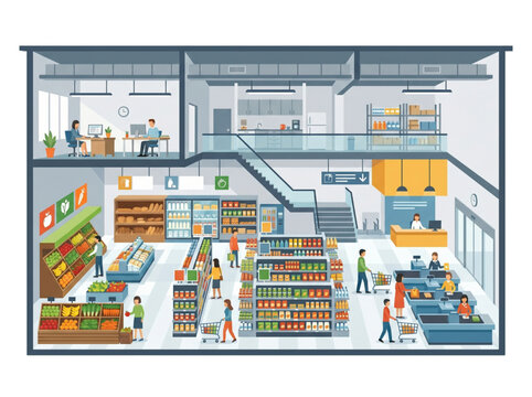 Flat Vector Supermarket Cutaway Illustration with Clean Geometric Retail Interior Design