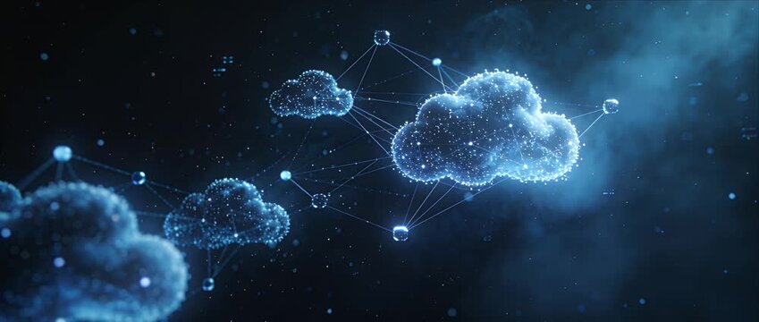 Cloud network data digital connection technology abstract security enterprise storage computing futuristic background with glowing floating dark concept
