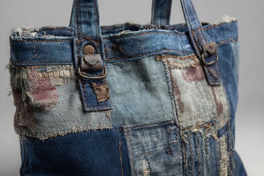 rugged denim tote bag with stitched patches and raw edges