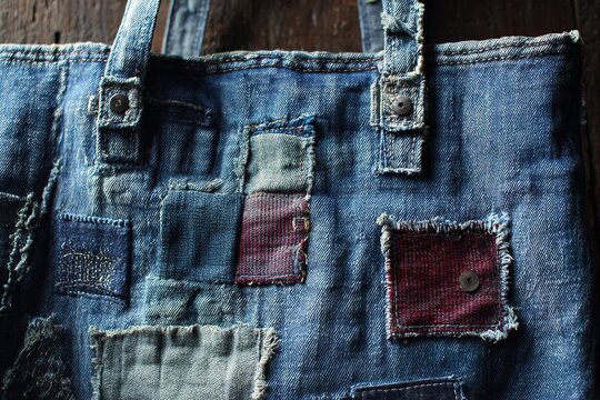 rugged denim tote bag with stitched patches and raw edges
