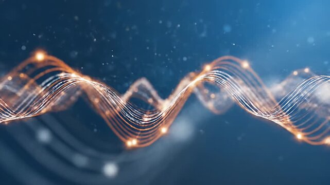 Golden glowing wave lines on blue background.