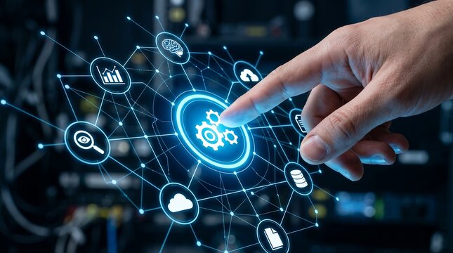 Technician configuring smart factory automation system with automation technology configuration industrial industry mechanical engineering technical robotics innovation interface efficiency