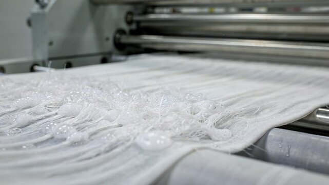 Medium shot focused on softener treatment being applied to fibers boosting fabric softness and flexibility in the finishing stage