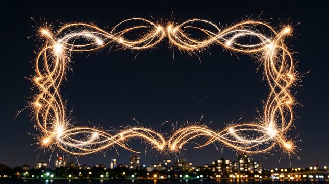 Sparkler firework creates elegant glowing frame pattern against dark night sky with blurred city lights background festive border design abstract celebration.
