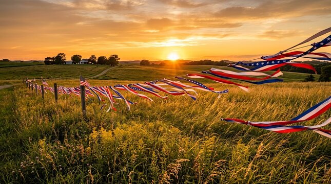 Colorful patriotic ribbons fluttering in wind along fence at sunset in grassy field, celebrating american holiday and freedom.