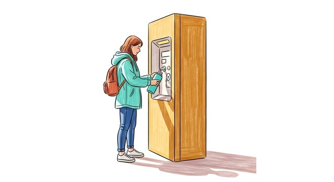 Young woman using automated ticket vending machine outdoors.