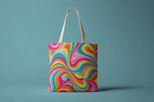 tote bag featuring retro 70s psychedelic swirls and bright colors