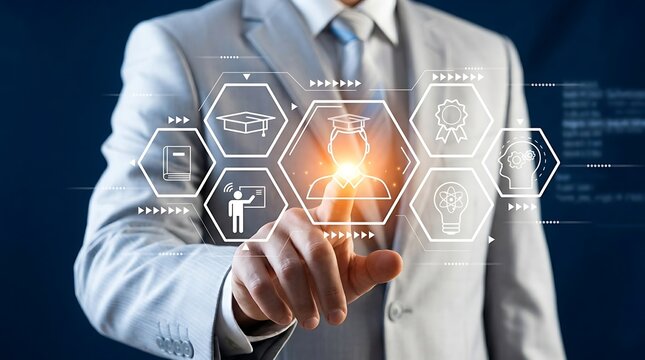 Professional businessman interacting with holographic education icons representing academic growth and modern digital learning management systems