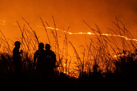 Night Wildland Firefighters Conducting Direct Attack on Active Grassfire Front