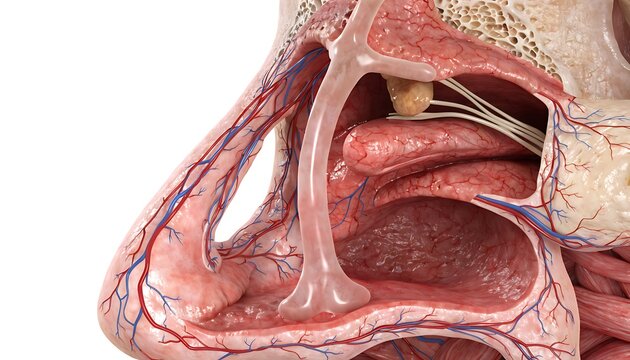Ultra realistic 3D medical sagittal cross section of human nasal anatomy close up