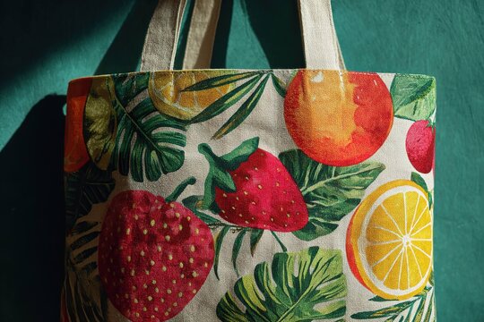 tote bag with bright tropical fruit prints in vivid colors