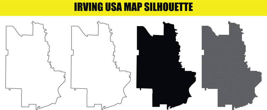 Irving texas usa city map silhouette isolated on white background showing border contour shapes and dotted patterns.