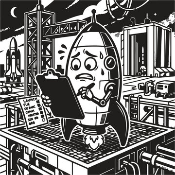 Nervous cartoon rocket character preparing for launch with character, platform