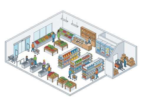 Flat Vector Supermarket Area Cutaway Illustration with Clean Geometric Retail Architecture Design