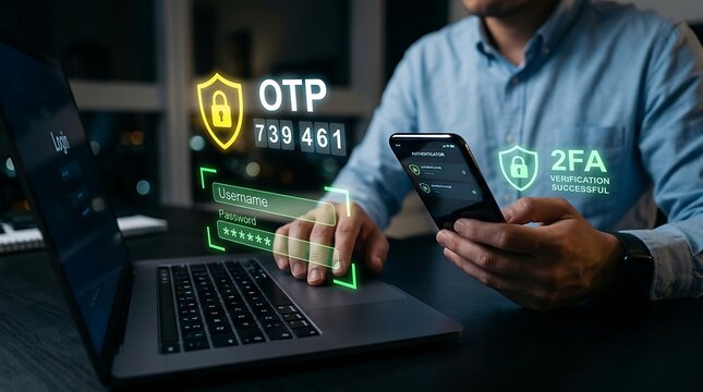 Person authenticating secure login with two-factor authentication 2FA and one-time password OTP holographic security verification on smartphone