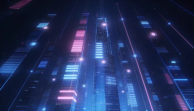 Futuristic city digital skyline neon light data stream technology cyberpunk abstract blue pink glowing background with cyberpunk style neon light digital skyline data stream technology and glowing