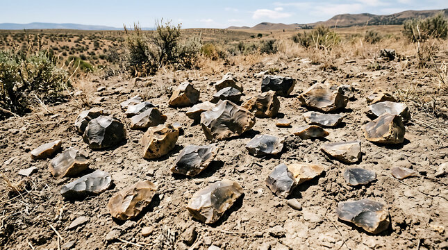 Collection of Ancient Flint Stone Tools Scattered Across a Dry, Dusty Arid Earth Surface in an Archaeological Field