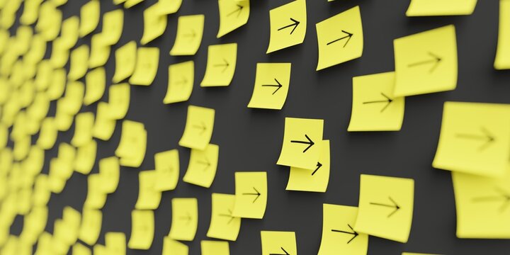 Many yellow stickers on black board background with arrow pointing right symbol drawn on them. Closeup view with narrow depth of field and selective focus. 3d render, Illustration
