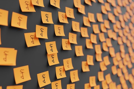 Many orange stickers on black board background with symbol of Cambodia riel drawn on them. Closeup view with narrow depth of field and selective focus. 3d render, illustration