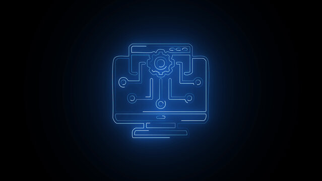 Blue neon computer monitor with circuit board and gear icon technology development concept