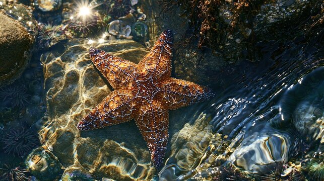 Brown starfish resting in a sunlit tide pool.
