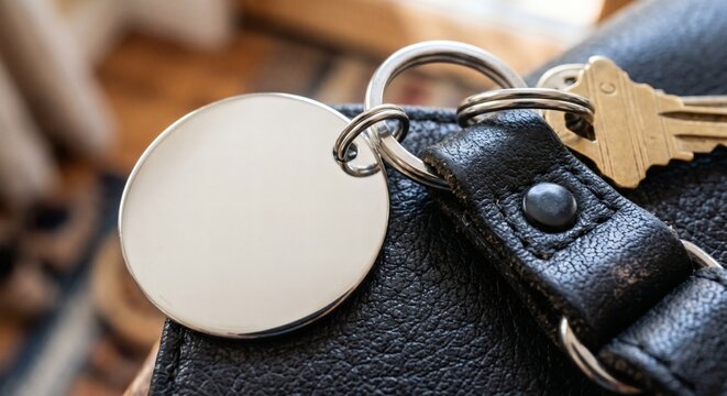 Blank silver metal key fob tag mockup on leather key ring