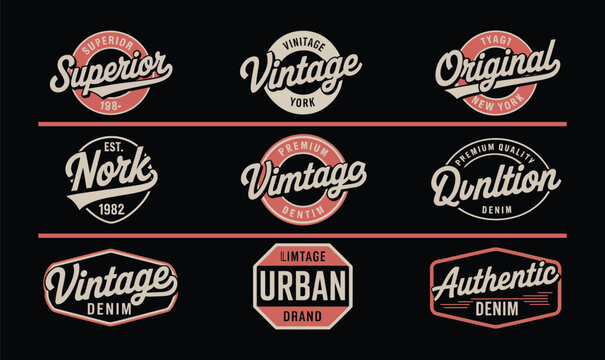 Vintage denim script labels vector set for clothing branding emblem badge layout design