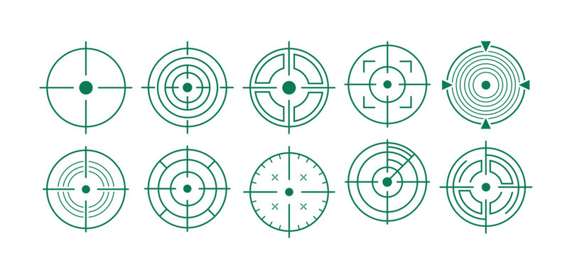 Crosshair Target Icons Collection. Radar Scope Symbols And Precision Aim Indicators. Targeting Interface Elements For Tracking And Navigation
