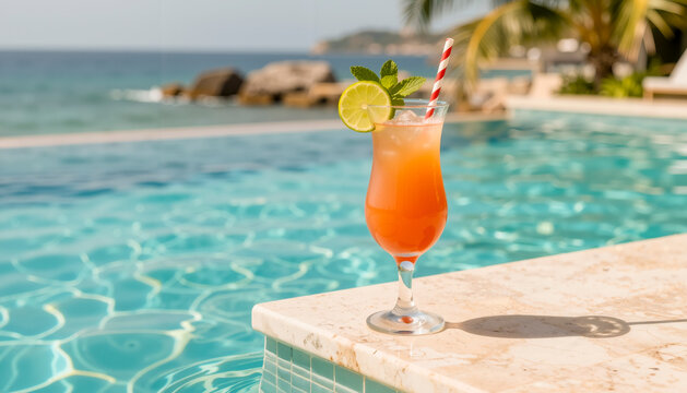 Cocktail arancione con lime menta e cannuccia su bordo piscina con vista mare
