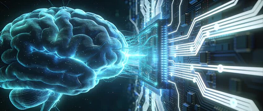 Futuristic brain interface artificial intelligence network digital mind neural network cyber technology blue light machine learning merging with circuit board glowing data flow data transfer virtual