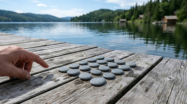 Smooth gray stones arranged on a weathered wooden dock beside a tranquil lake, with a lush green forest backdrop.