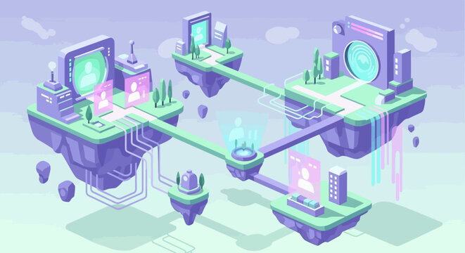 Network of floating digital islands connected by futuristic data bridges