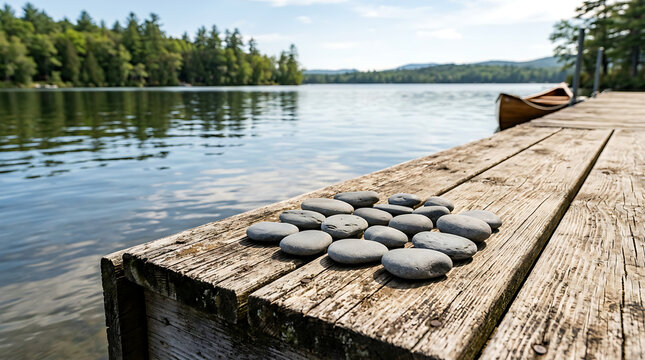 Smooth grey stones arranged on a rustic wooden dock beside a calm lake on a sunny day