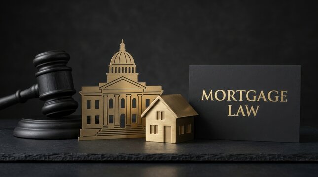 Mortgage law concept with judge gavel and wooden house model. Real estate legislation and property foreclosure symbols. Legal justice for homeowners.