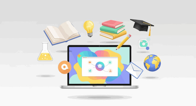 Online education concept with laptop and floating school icons