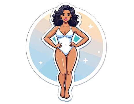 Cartoon woman in white swimsuit posing.