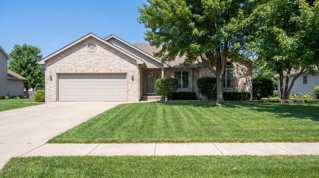 Single story suburban brick home exterior, Wide garage and green front lawn, Shaded residential property, Real estate curb appeal with copy space
