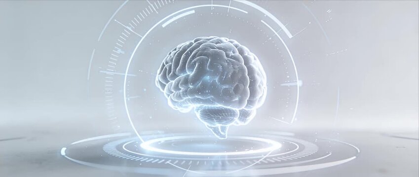 Futuristic brain hologram digital technology artificial intelligence neural network innovation minimal white glow science concept medical research floating virtual brain hologram interface clean