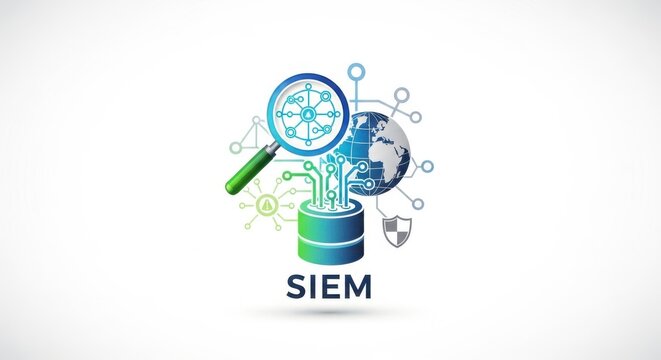 SIEM cybersecurity concept with globe and shield graphic