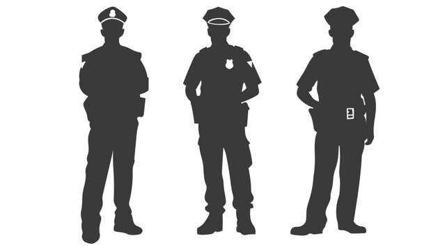 Police policeman guard with silhouette officer security and law enforcement silouette. Vector traffic icon with man standing cop and hat american character. Success set police with people.