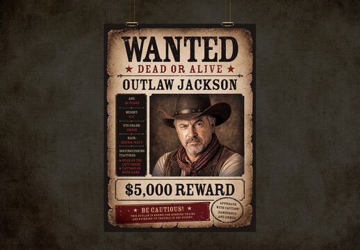 Vintage Wild West Wanted Poster Template, Old Western Outlaw Reward Flyer, Retro Sheriff Notice