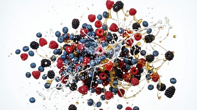 Mixed forest berries with white liquid splash on white.
