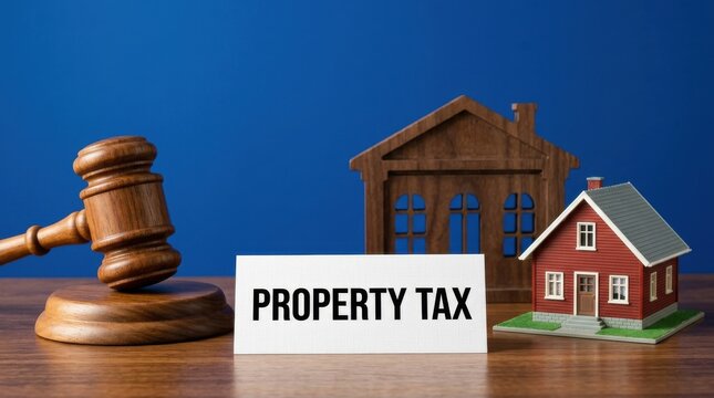Property tax legal concept with judge gavel and house models, real estate law and taxation symbols, wooden auction mallet on blue background
