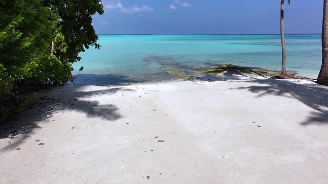 Aerial view of a drone shadow cast on the fine white sand of a tropical beach with scattered dry leaves in Fulhadhoo, Baa Atoll, Maldives.